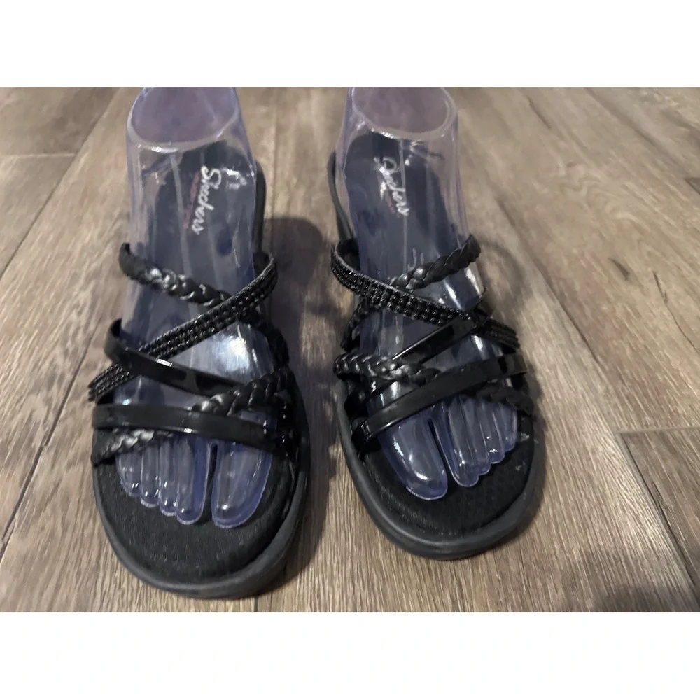 Skechers Memory Foam Black Wedge Sandals‎ Strappy Braided Size 11 Women's